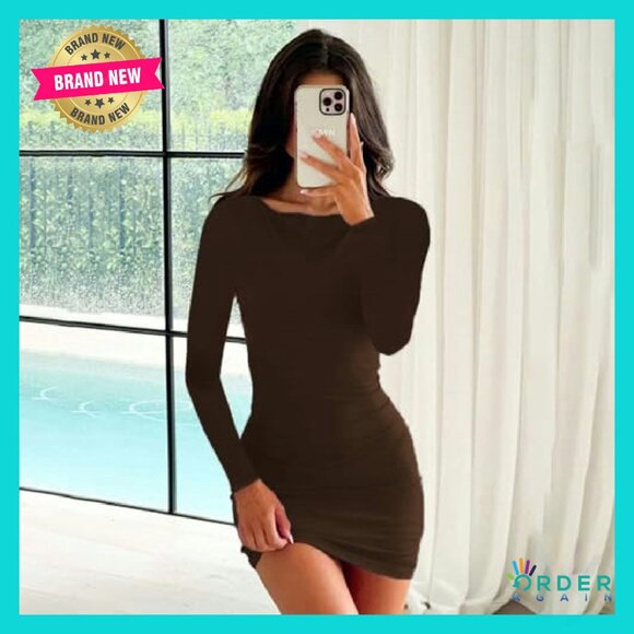 Long Sleeve Boat Neck Mini Dress Slim Fit Elegant Party Club Office Wear - Picture 3 of 8